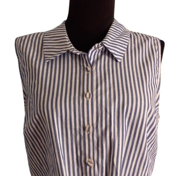 ModCloth M Top Crop Sleeveless Blue White Striped Button Up Tie Front Shirt NEW - Picture 2 of 11